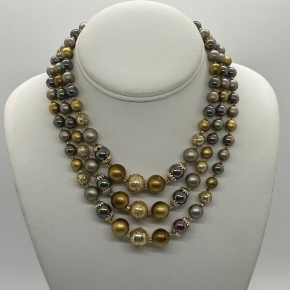 Estate Jewelry - Vintage Multi-Strand Necklace Iridescent Gold Tone Pearlescent Beads Pro Formal